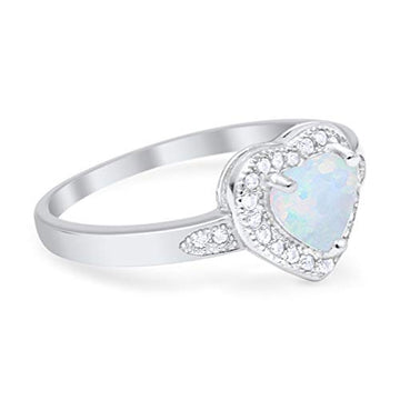Halo Heart Promise Ring Round Lab Created White Opal 925 Sterling Silver